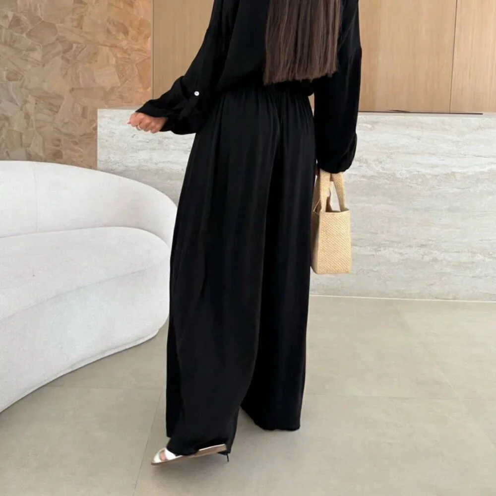 Black Casual Women's Front Button Loose Shirt & Pants Set